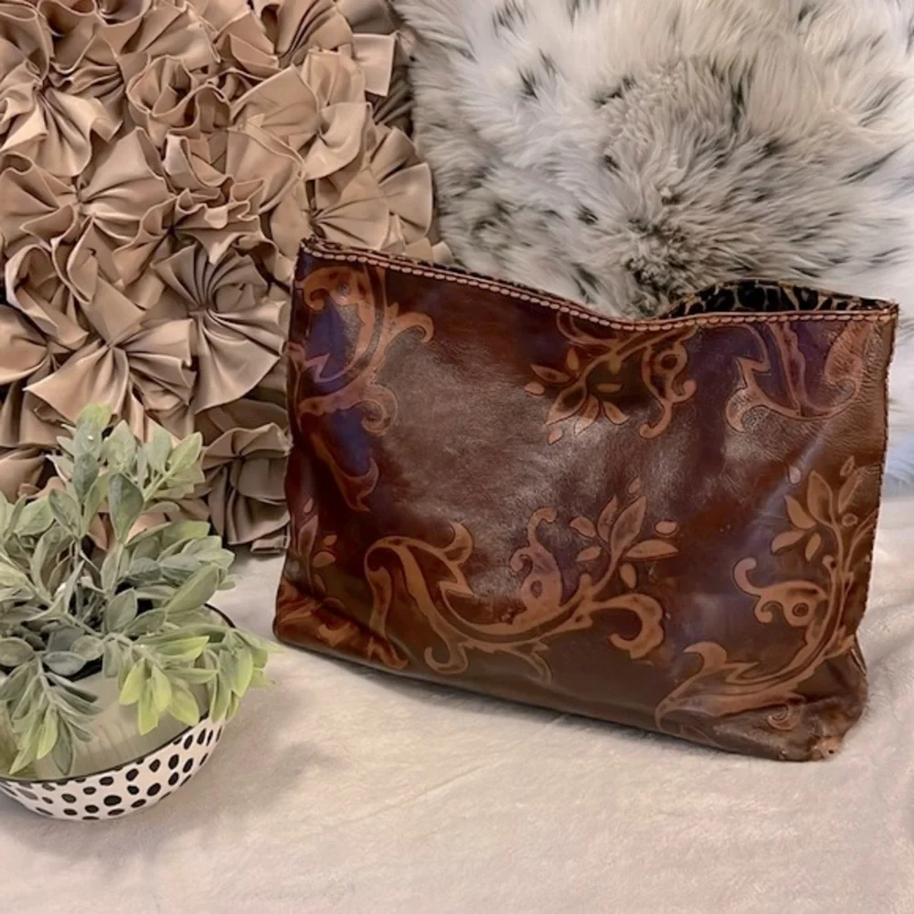 Plinio Visona Vintage Brown & Tan Embossed Leather Italian Laptop Case Purse